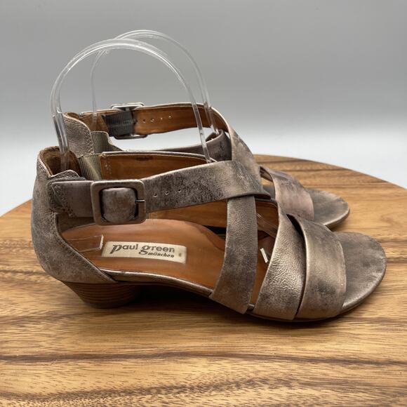 Paul Green Sandals Womens Size 7 Criss Cross Leather Heels Comfort Buckle - Picture 1 of 8